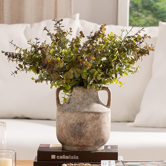 Mitt&Ditt Ceramic Flower Vase with Handles, 8 inch Tall Off-White Vase, Decorative Terracotta Vases, Farmhouse Rustic Pottery Vases for Home Decor, Living Room, Table