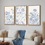Tinonedraw Large Classic Chinoiserie Flower Framed Canvas Wall Art Set, Navy Blue and White Floral Wall Decor, Minimalist Neutral Botanical Art Printing for Living Room Bedroom Office Dorm 24"x36"x3