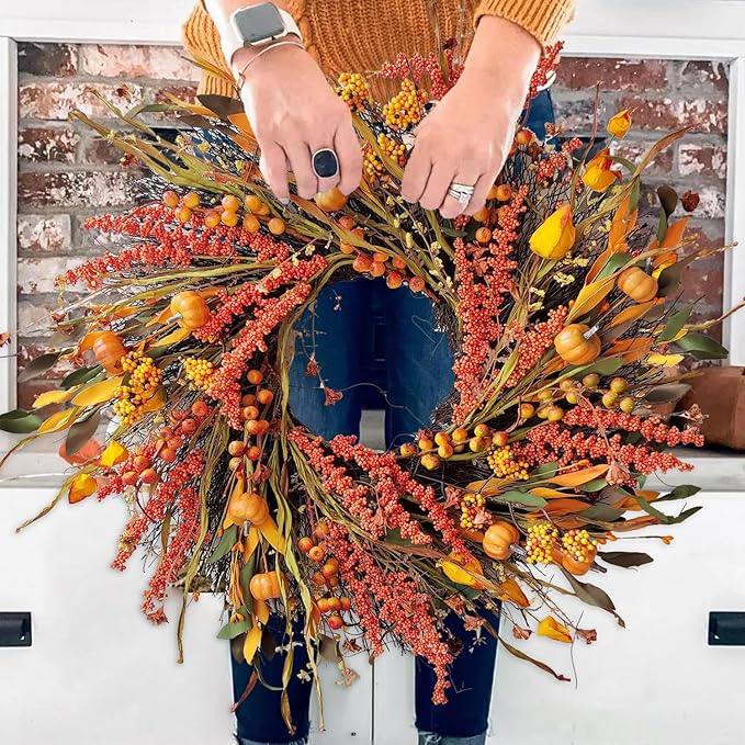 WANNA-CUL 24 inch Fall Wreath Decor for Front Door with Pumpkins, Hawthorn,Grain,Lantern Fruit,Berries,Eucalyptus Leaves, Large Harvest Door Wreath for Autumn or Thanksgiving Decoration