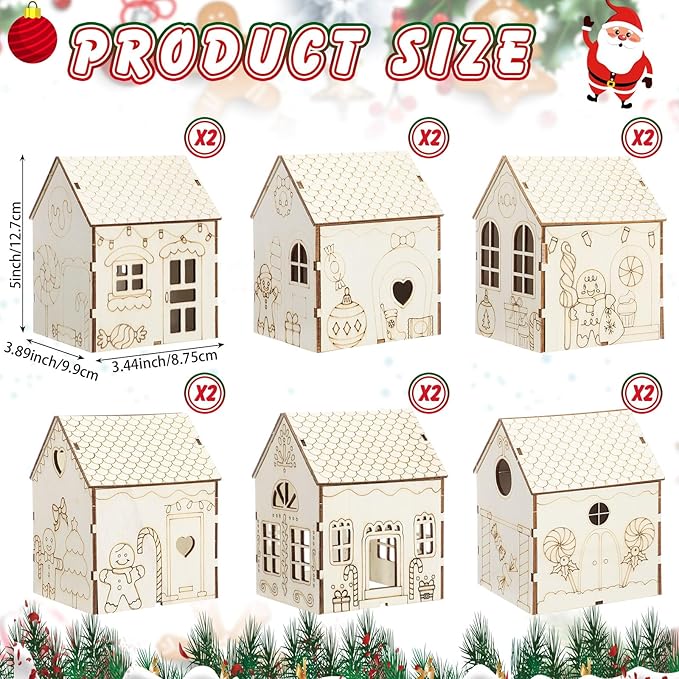 Hiboom 12 Pcs DIY Christmas Village Sets Wood Gingerbread Man Houses Christmas Mini Wooden House Gift for Winter Xmas Party Decorations