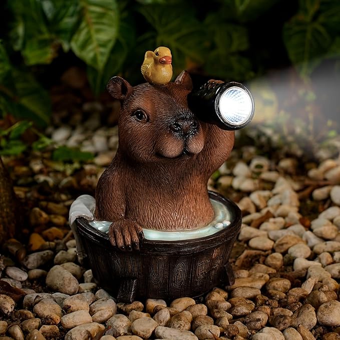 Capybara Solar Garden Statue – Funny Outdoor Resin Animal Decor with Flashlight & Duck – Waterproof Yard Lawn Ornament with LED Light – Solar Powered Figurine for Patio, Porch, Landscape