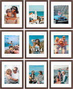 Vittanly 11x14 Picture Frames Set of 9, Shatter Resistant Plexiglass, Display 8x10 Pictures with Mat or 11x14 without Mat, Photo Frames for Wall or Tabletop, Engineered Wood, Walnut