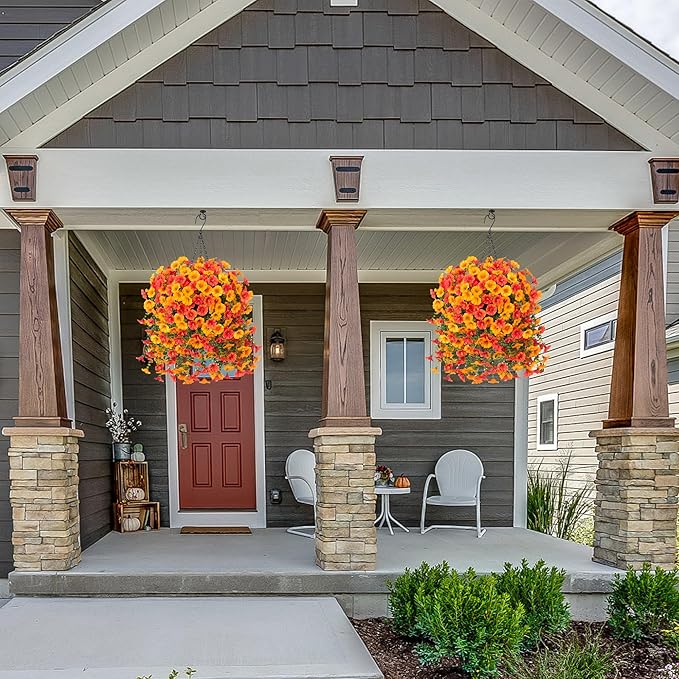 Artificial Faux Fall Hanging Flowers Plants for Outdoor Decor,2 PCS Fake Silk Morning Glory with Eucalyptus UV Resistant Realistic Vine for Wall Home Porch Patio Balcony Yard Decor,Yellow and Orange