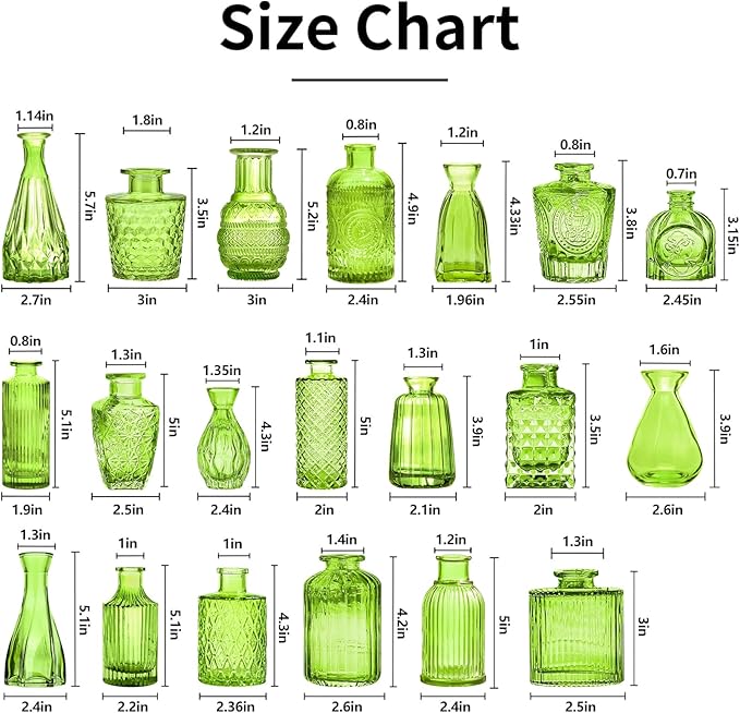 Green Glass Bud Vase Set,20Pcs Small Glass Vase for Flowers, Clear Bud Set in Bulk,Mini Single Vintage Style for Centerpiece for Rustic Wedding Decorations Home Table Flower Décor