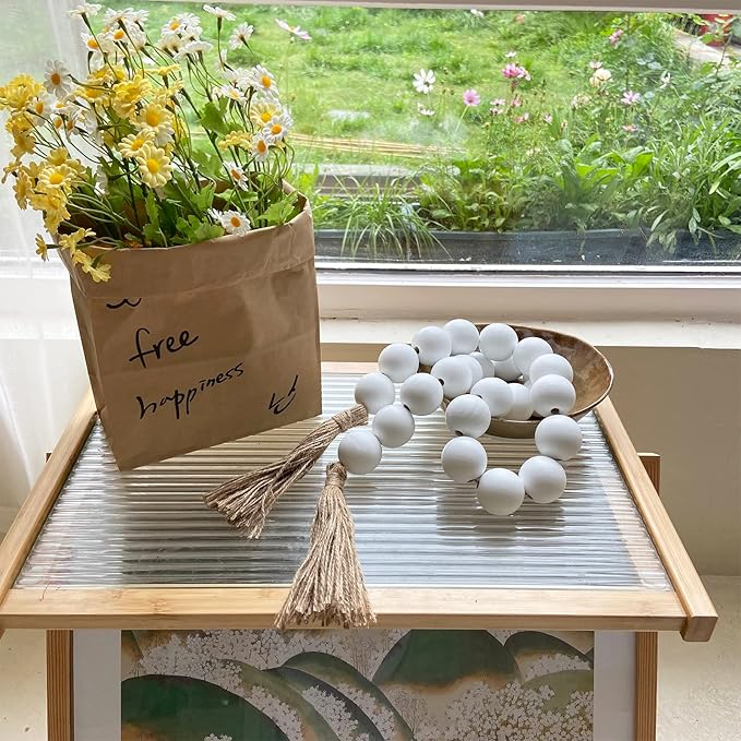 OMISHE 50" Long Extra Large Wood Bead Garland with 1.6" Diameter Wooden Beads and Tassels, Rustic Farmhouse Country Decorative Beads for Home Tiered Tray Decor, White