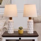 White Ceramic Table Lamp 3 Way Dimmable Bedside Pottery Lamp Set of 2 with Pallid Shade 20” Modern Nightstand Desk Lamp for Living Room Bedroom Farmhouse Dining Room(JC-11-2PK-WHS)