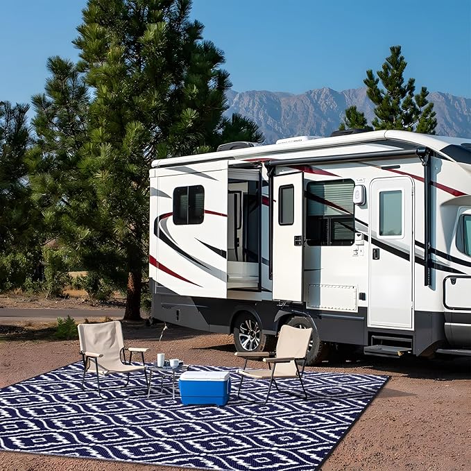 OLANLY Outdoor Rug 8x10 ft Waterproof, Outdoor Plastic Straw Rug with Geometric Pattern Clearance, Reversible RV Mat for Patio, Camping, Balcony, Deck, Backyard, Navy & White