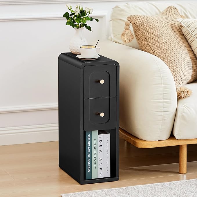 Narrow Nightstand with 2 Drawers, Small Bedside Tables, Mid-Century Modern Slim Night Stand with Storage, Wooden End Table for Small Spaces, Bedroom, Living Room (Black-1PCS)
