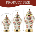 Ginger Jars for Home Decor, White Gold Ceramic Vase with Colorful Floral Pattern, Handmade Decorative Flower Vase with Lid for Home, Kitchen, Office, Table, Bookshelf, Mantle Fireplace,(18in)