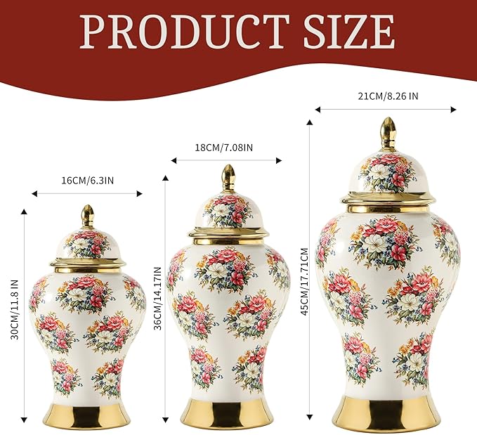 Ginger Jars for Home Decor, White Gold Ceramic Vase with Colorful Floral Pattern, Handmade Decorative Flower Vase with Lid for Home, Kitchen, Office, Table, Bookshelf, Mantle Fireplace,(12in)