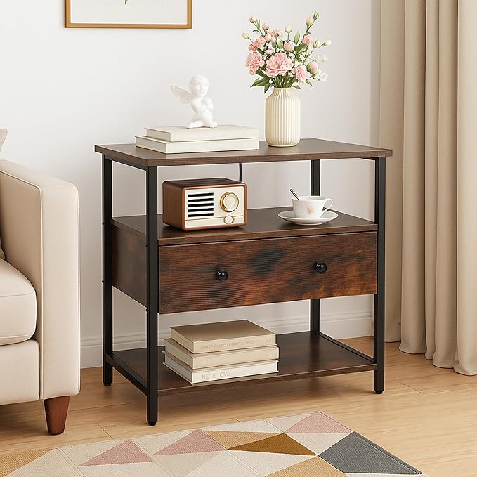 27 Inch Wide Night Stand with Charging Station, Wood Nightstand with Open Shelf, Large Drawer Bedside Table for Living Room/Bedroom/Office (Retro Brown)