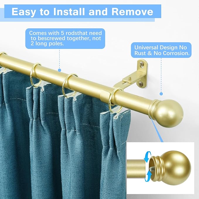 Curtain Rods for Windows 16 to 76 Inches, Curtain Rod Max Adjustable Length of 88 IN, 1" Diameter Drapery Rods Round Finials, Warm Gold, Pack of 2