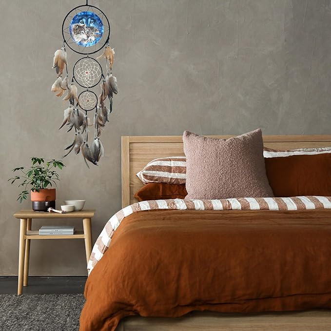 Remorelt Wolf Eagle Bear Dream Catcher Bedroom Wall Decor, Christmas Home Decoration, Room Accessory, White Moon Feather Decoration - Unique Home Craft Wall Pendant (DC07 8Inch 3D Wolf)