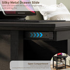 Rresyet Farmhouse End Table with Charging Station, Sliding Side Table & 2-Tier Storage, Wooden Nightstand for Bedroom and Living Room, Black