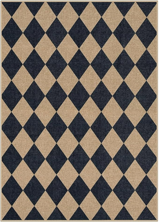 Lahome Checkered Easy Jute 5x7 Area Rugs, Washable Outdoor Patio Rug for Living Room Diamond Indoor Outdoor Carpet, Farmhouse Geometric Non Slip Black Carpet for Backyard Dining Room