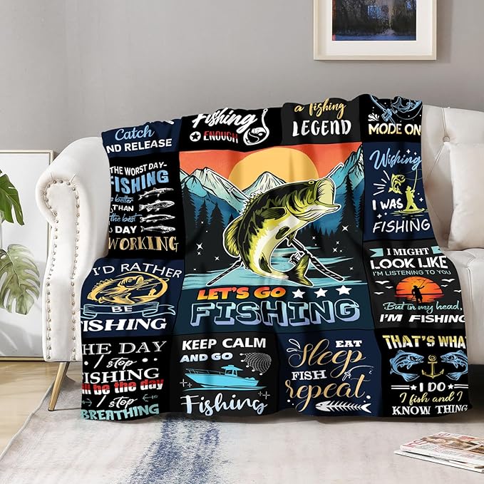 Fishing Blanket Gifts for Fisherman Men Boys - Fish Lovers Throw for Dad Women Adults Bedroom Living Room Decor Soft Fleece Cozy Bed Couch Birthday Christmas Lightweight Blanket 50"x60"