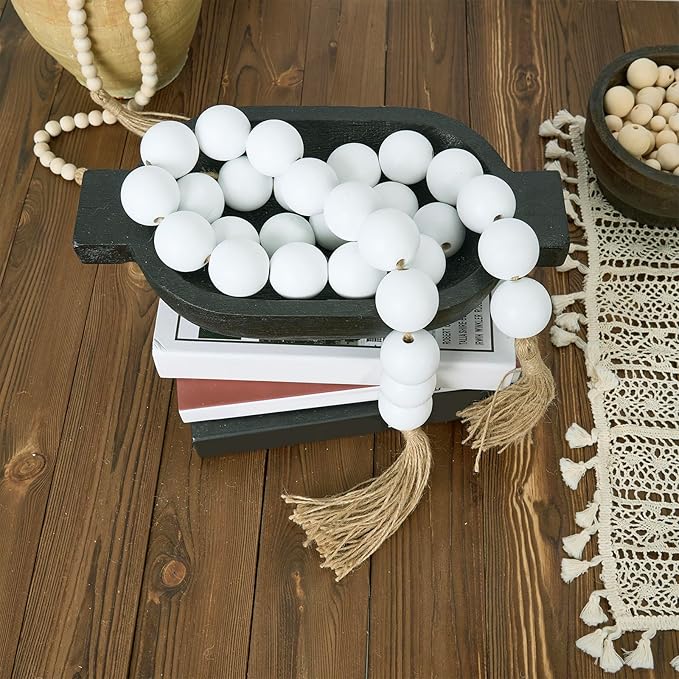 OMISHE 60" Long Extra Large Wood Bead Garland with 1.6" Diameter Wooden Beads and Tassels, Rustic Farmhouse Country Decorative Beads for Home Tiered Tray Decor, White