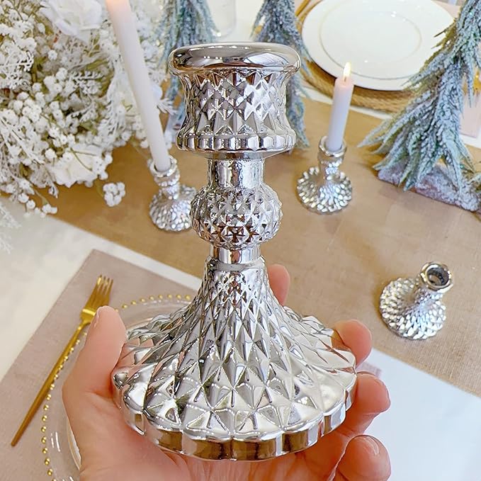 Glass Candlestick Holder,Striped Taper Candle Holders,Set of 6 Candle Stand for Table Centerpieces, Home Decor,Weddings,Festival and Parties (Silver Diamond)