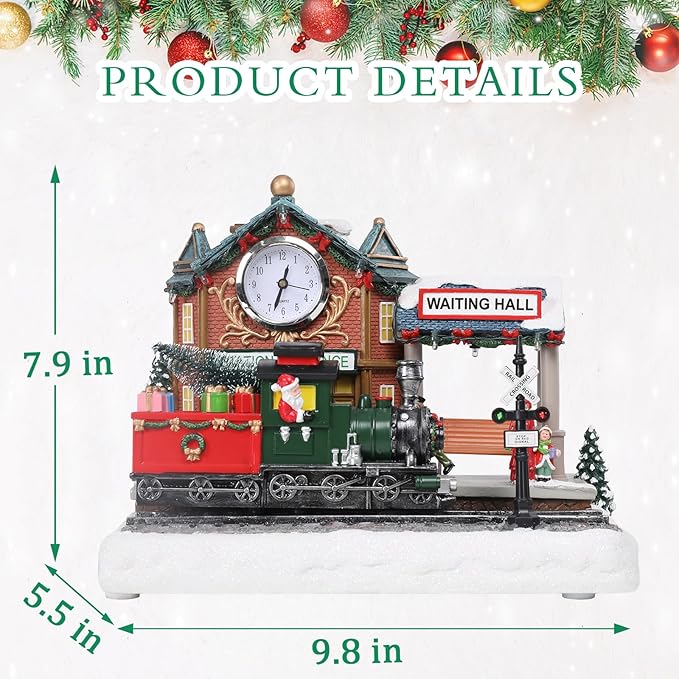 Bdor Christmas Train Station Decoration – Lighted Animated Holiday Village Scene with Train, Clock Tower & Waiting Hall – Plug-in Resin Christmas Tabletop Ornament – 9.8"x5.5"x7.9"
