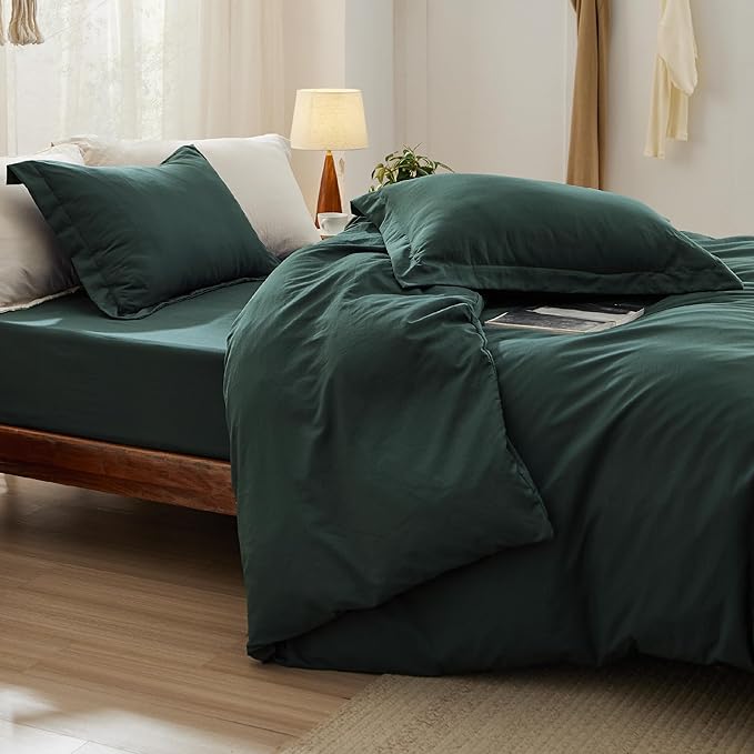 Bedsure Duvet Cover Queen Size with Fitted Sheet - 4 Pieces Prewashed Cotton-Like Extra Soft Bedding Set, Includes 1 Duvet Cover 90x90 Inches, 2 Pillow Shams, 1 Fitted Sheet, Forest Green