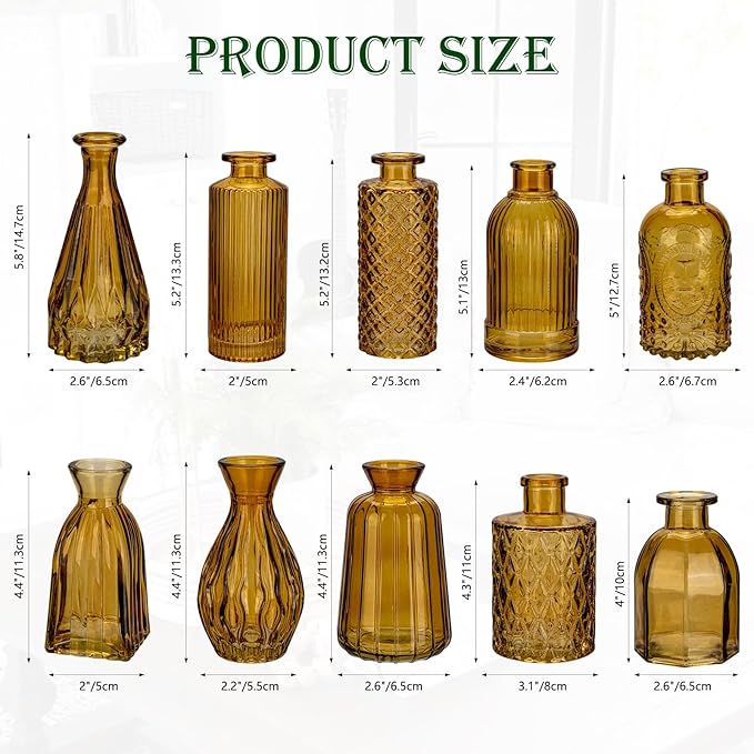 Glass Bud Vases Set of 10, Small Flower Vase in Bulk for Centerpieces, Mini Vintage Amber Vases for Rustic Wedding Vintage Home Table Decor