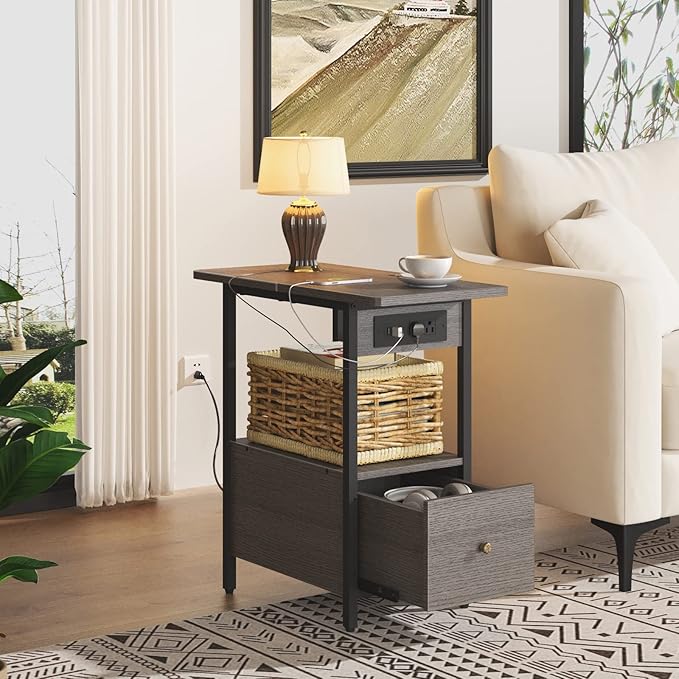LIDYUK End Table with Charging Station, Narrow Side Table with Drawer and USB Ports & Power Outlets, Nightstand Bedside Tables for Small Spaces, Bedroom, Living Room, Dark Grey