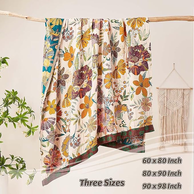 Boho Throw Blanket, 100% Cotton Ultra Soft Luxury Throw Rustic Quilt, 90"x98" Floral Printed Farmhouse Decor Bed Summer Blankets, All Season Rustic Reversible Bohemian Throw for Bed - White