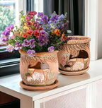 Ceramic Pot with Drainage Hole and Saucer, Plant Pots, Modern Decorative Planters for House Plants Indoor Flowers Plants, Cute Flower Pot - Gifts (Mushrooms)