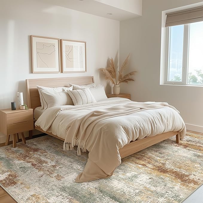 Area Rugs 8x10 for Living Room Bedroom, Modern Abstract Machine Washable Rug, Large Soft Low Pile Floor Cover with Non Slip Backing for Dining Room, Orange Green