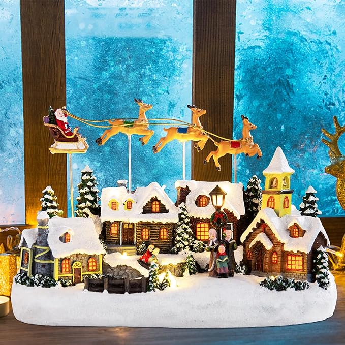 Musical Christmas Village Houses Santa Claus Sledding Reindeer Christmas Collectible Buildings LED Lights Musical Indoor Display Figurines Xmas Decoration