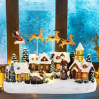 Musical Christmas Village Houses Santa Claus Sledding Reindeer Christmas Collectible Buildings LED Lights Musical Indoor Display Figurines Xmas Decoration