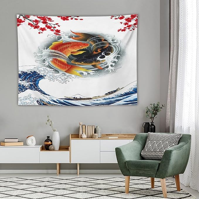 Houselerax Koi Fish Tapestry, Japanese Style Yin Yang Big Wave Cherry Blossoms Tapestries Wall Hanging for Bedroom Living Room Office Decor 80"x60"