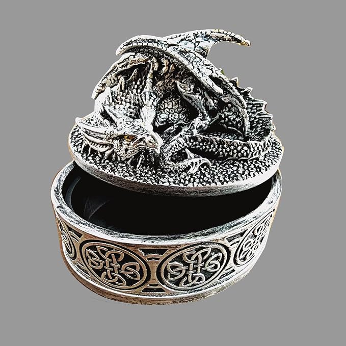 Dragon Statue Jewelry Box, Medieval Fantasy Myth Dragon With Cover Treasure Box, Dragon Statue Decoration Collection Gift Box. (Sliver)