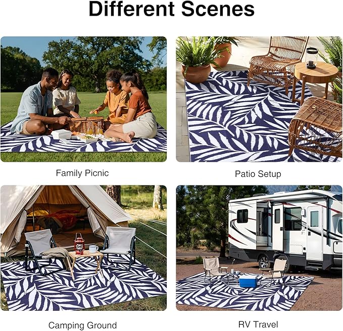 OLANLY Waterproof Outdoor Rug 5x8 ft, Reversible Outdoor Plastic Straw Rug with Leaf Pattern, RV Mat, Indoor Outdoor Carpet for Patio, Camping, Balcony, Deck, Backyard, Navy & White