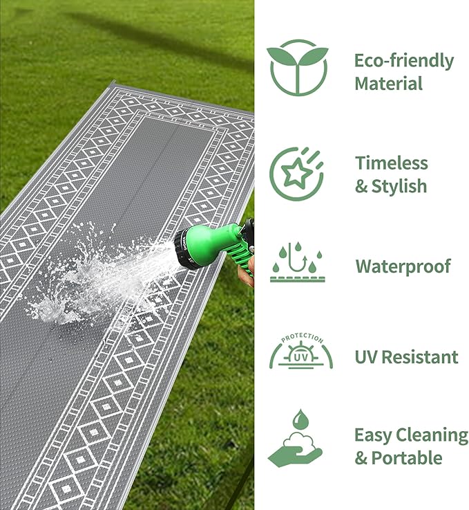 GENIMO Outdoor Rug Waterproof for Patio, 2.5'x8' Foldable Reversible Plastic Straw Runner Rugs and Carpet for Porch, Outside Area Mat for Rv, Deck, Picnic, Camper, Balcony, Beach, Grey & White