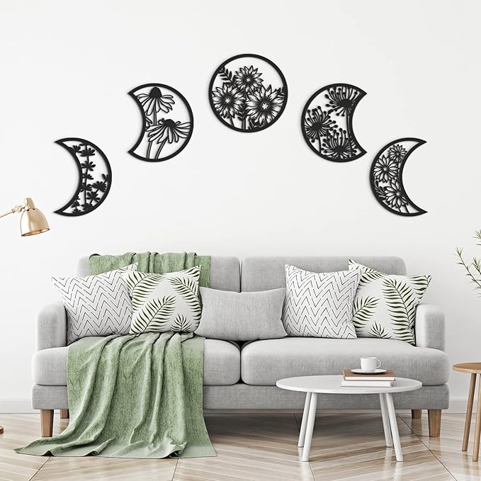 Jetec 5 Pcs Moon Phase Wall Hanging Decor Art Above Bed 10.6" H Boho Moon Phase Wood Wall Pediment Ornament for Living Room Bedroom Home Decoration Room Apartment Bar(Black)