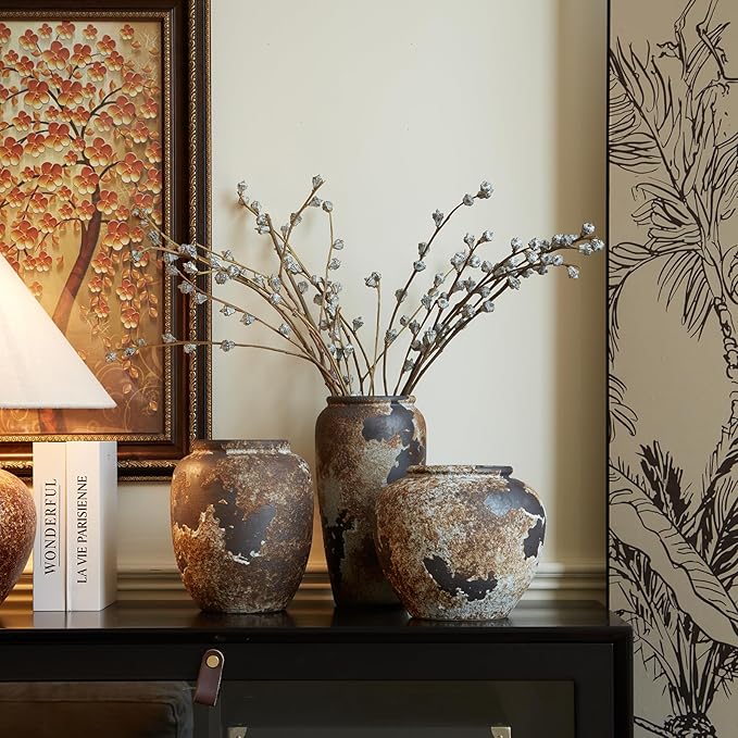 Smiletag Rustic Vase for Home Decor, Farmhouse Terracotta Vases, Stone Vases, Large Vases for Living Room Decor, Rustic Flower Vase Decoration for Living Room Tall Ceramic Vase