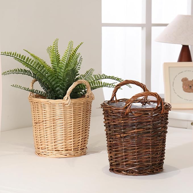 Handwoven Wicker Planter Basket with Waterproof Liner – Natural Yellow Decorative Flower Pot Holder for Indoor Use - Small Size (Inner Top Ø 7", Inner Height 5.9")