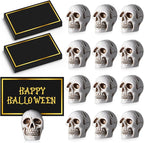 24 Set Halloween Skull Place Card Holders with 48 Pcs Place Cards Resin Small Skull Head Table Number Holders Clips Photo Stand Centerpieces for Halloween Party Wedding Birthday Decorations