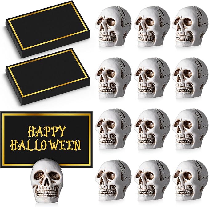 24 Set Halloween Skull Place Card Holders with 48 Pcs Place Cards Resin Small Skull Head Table Number Holders Clips Photo Stand Centerpieces for Halloween Party Wedding Birthday Decorations