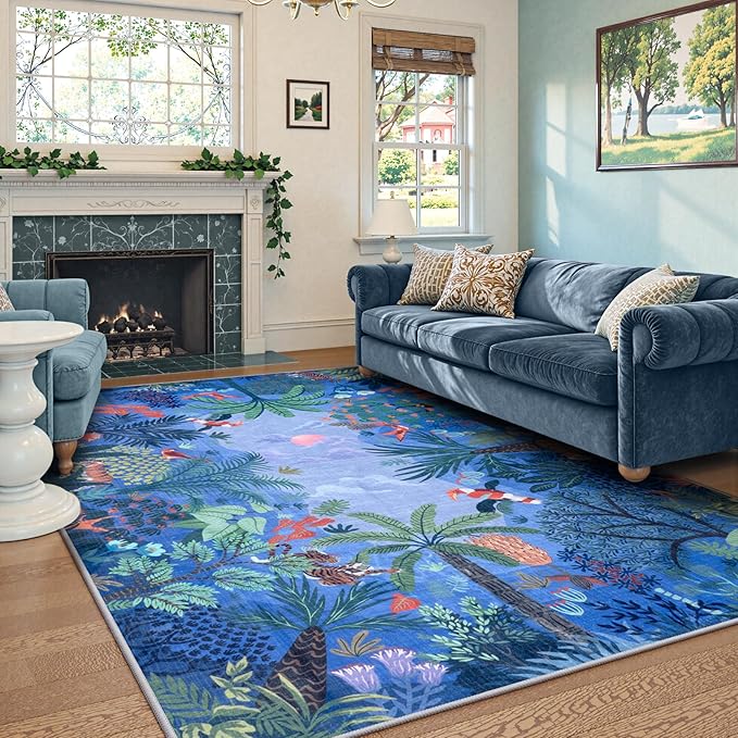 LIVEBOX Washable Bedroom Rug 8x10 Under Bed, Modern Stain Resistant Botanical Rug for Living Room Playroom Kids Boy Room, Non-Slip Jungle Forest Print Rugs for Nursery Baby