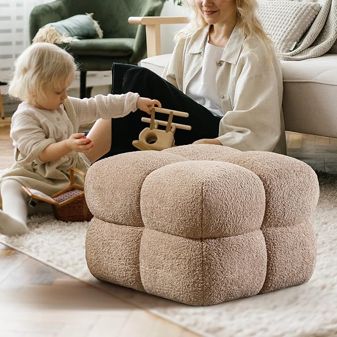 Zesthouse Square Pouf Ottoman, Modern Ottoman Coffee Table for Living Room, Fuzzy Sherpa Stool Foot Rest, Upholstered Tufted Stool for Couch, Tan
