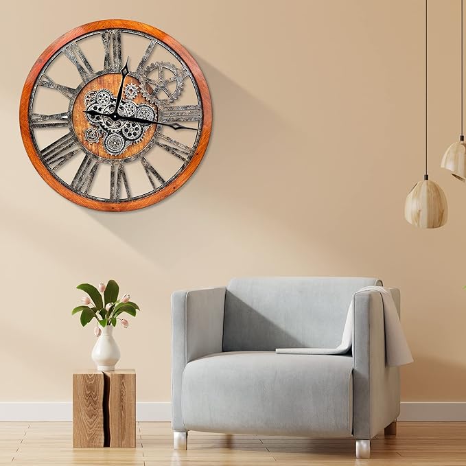Large Wall Clock, Clocks for Living Room Decor Oversized 30 Inch Wall Decor Farmhouse Vintage Rustic Industrial Roman Big Chic Home Decor Wall Clock for House Bedroom Office, Moving Gears Clock