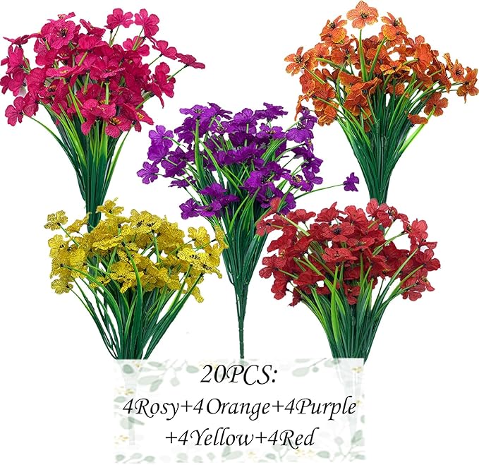 20 Bundles Artificial Flowers for Outdoors,No Fade Fake Silk Flowers with Plastic Plants,Faux Realistic Flowers uv resistantfor for Patio Window Box Porch Garden Wedding Farmhouse Decor(Mixed Color)