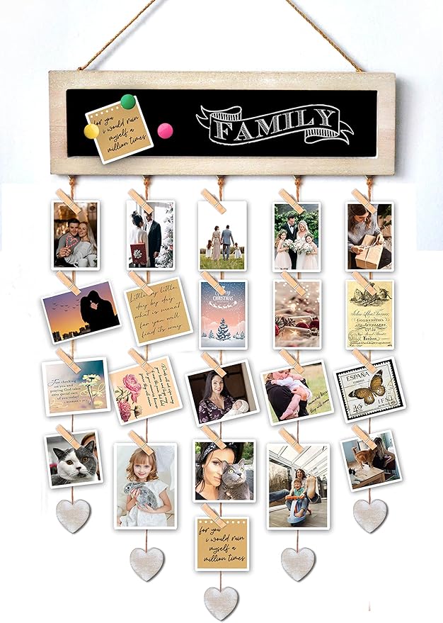 Picture Frames Collage Display Board with 30 Clips - Multi Photos Cards Organizer with Adjustable Twines and Magnetic Blackboard - DIY Wall Decor Hanging Picture Holder 15.7x5 Inches