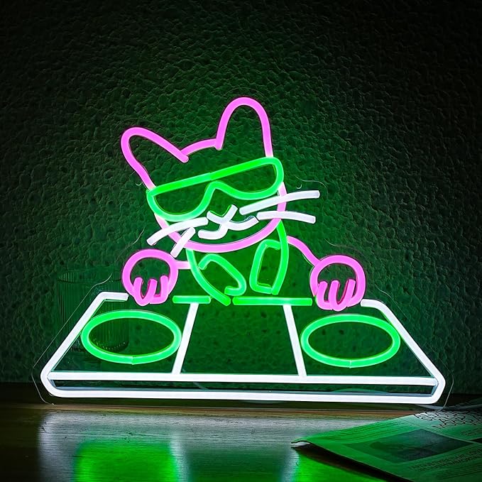 Cat DJ Player Neon Sign Dimmable DJ Player Led Neon Light for Wall Decor USB Powered Cool Neon Light Sign for Bar Party Man Cave Bedroom Art Wall Decoration