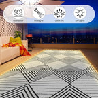 6x9ft Waterproof Outdoor Rug with LED Lights, Foldable Reversible Plastic Straw Mat for Patio RV Camping Picnic Balcony Beach Deck Indoor Outdoor Carpet, Black&White