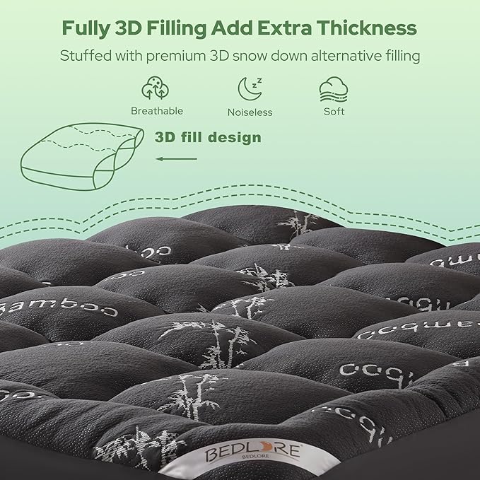 BEDLORE Twin Mattress Topper Viscose Derived from Bamboo, Thick Pillow Top Mattress Pad with Stretchable Pockets for 6"-15" Mattress, Soft Breathable Mattress Topper for Back Pain Relief(Dark Gray)