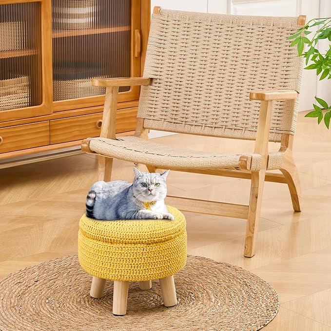 Wimarsbon Pouf Ottoman, 100% Cotton Knitted Boho Footstool, Round Footrest with Non-Skid Wood Legs, Home Décor Handmade Pouffe, Leisure Floor Step Stool for Living Room (Storage Yellow)