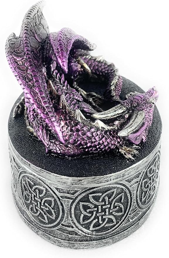 Dragon Statue Jewelry Box - Medieval Fantasy Myth with Cover Treasure Box, Dragon Statue Decoration Collection Gift Box (Purple)